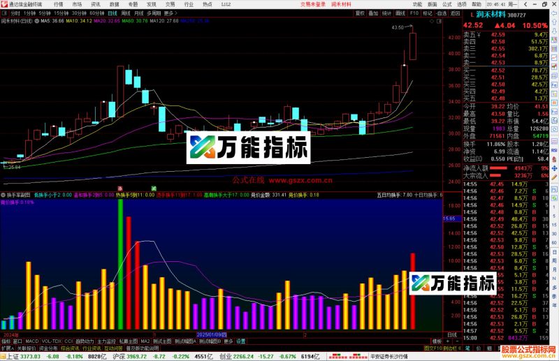 通达信换手率副图,龙头股绿色柱体攻击涨停-万能指标公式